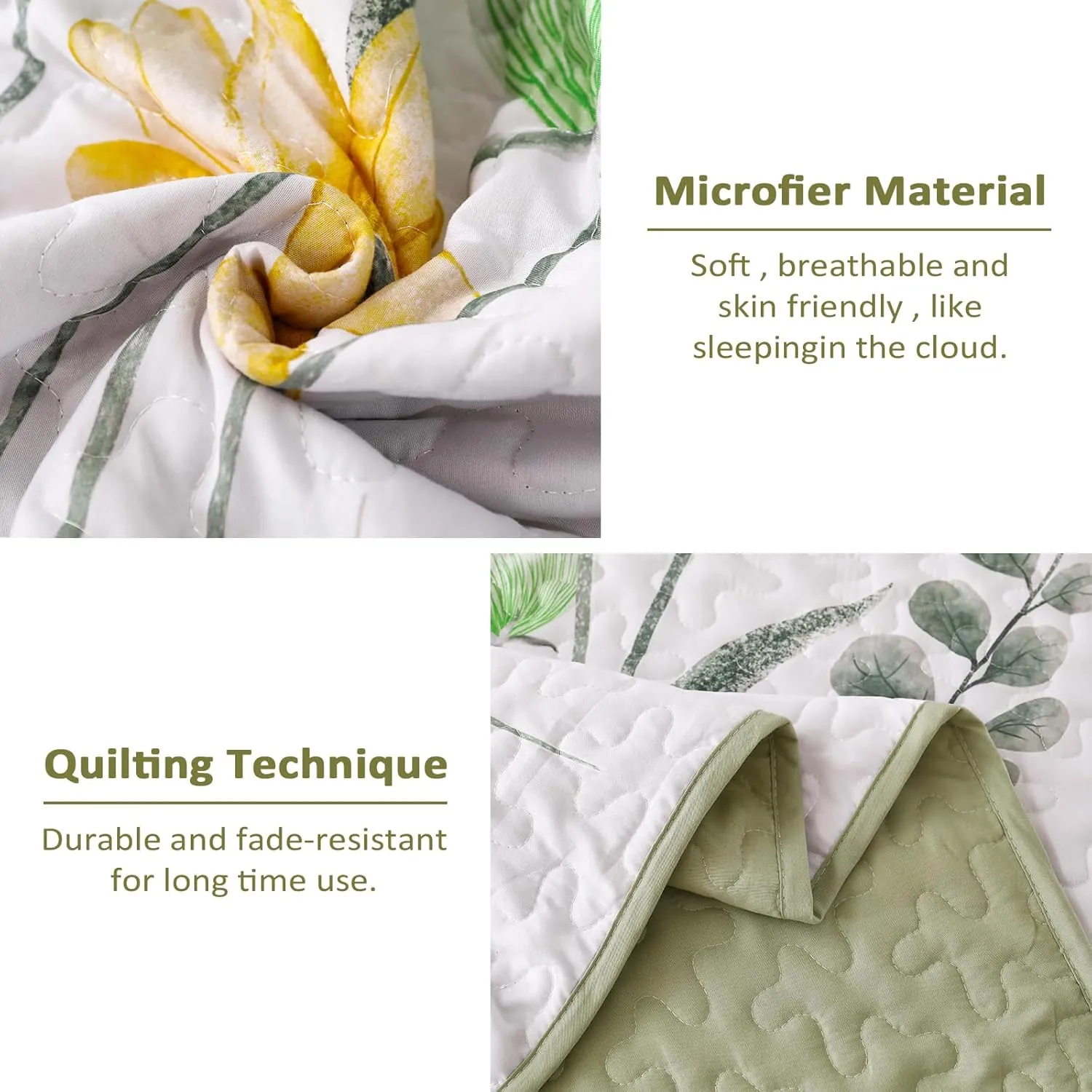Dinjoy Floral Quilt Set Twin Size, Green Yellow Bedspreads 2 Pieces Cute Summer Bedding Set Lightweight Quilts Soft Flower White Coverlet Sets Farmhouse for Child Girls 68"x86"