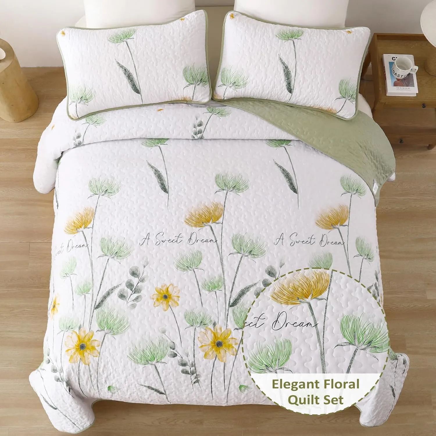 Dinjoy Floral Quilt Set Twin Size, Green Yellow Bedspreads 2 Pieces Cute Summer Bedding Set Lightweight Quilts Soft Flower White Coverlet Sets Farmhouse for Child Girls 68"x86"
