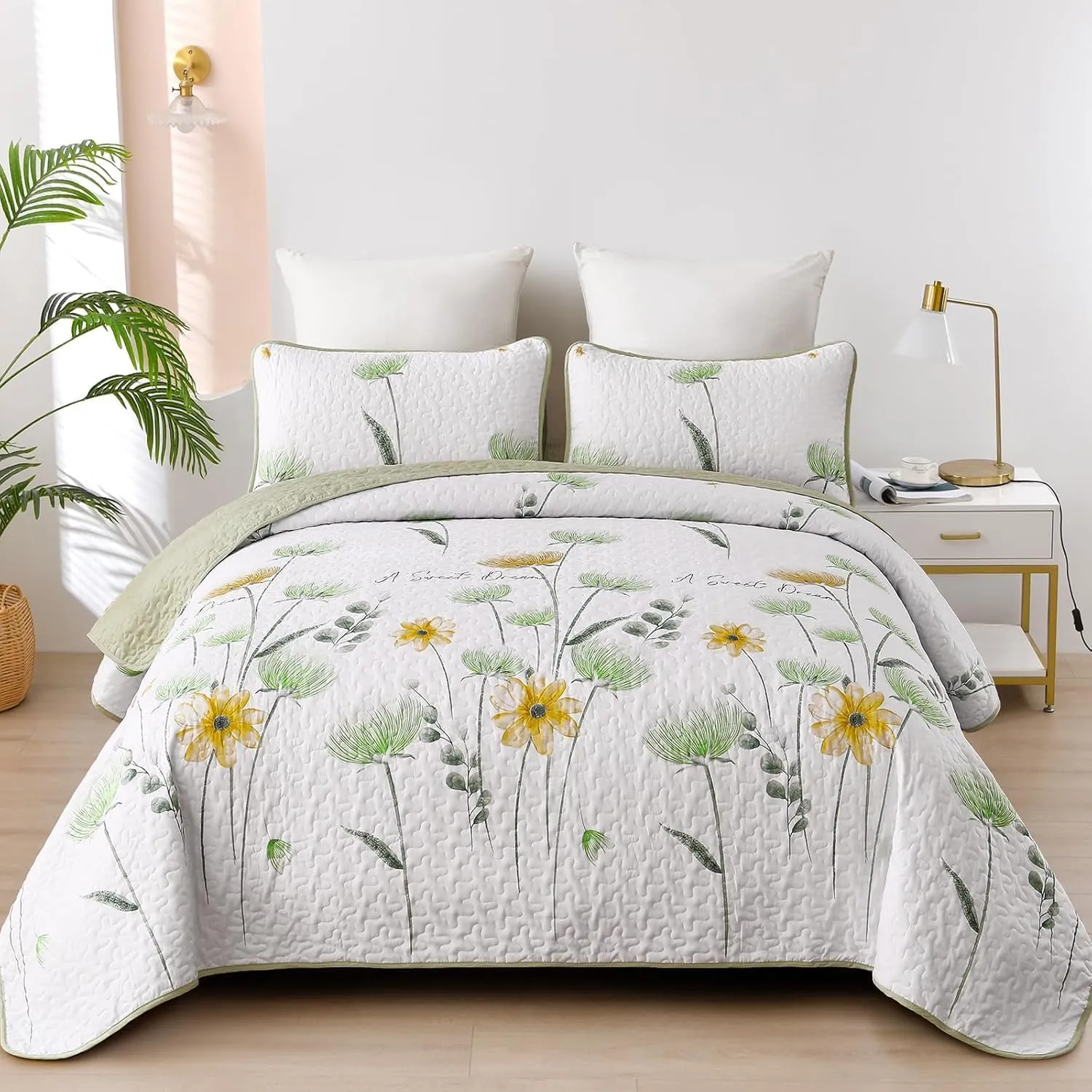 Dinjoy Floral Quilt Set Twin Size, Green Yellow Bedspreads 2 Pieces Cute Summer Bedding Set Lightweight Quilts Soft Flower White Coverlet Sets Farmhouse for Child Girls 68"x86"