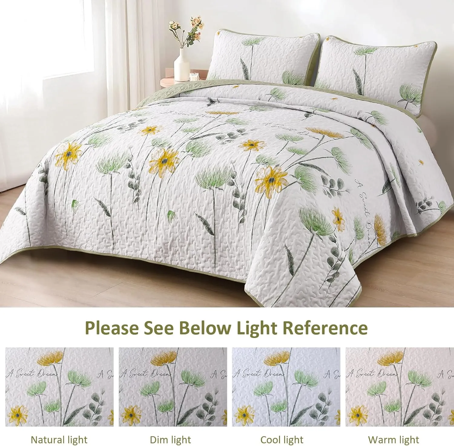 Dinjoy Floral Quilt Set Twin Size, Green Yellow Bedspreads 2 Pieces Cute Summer Bedding Set Lightweight Quilts Soft Flower White Coverlet Sets Farmhouse for Child Girls 68"x86"