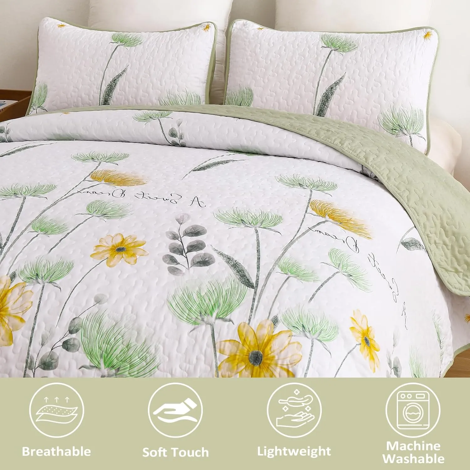 Dinjoy Floral Quilt Set Twin Size, Green Yellow Bedspreads 2 Pieces Cute Summer Bedding Set Lightweight Quilts Soft Flower White Coverlet Sets Farmhouse for Child Girls 68"x86"