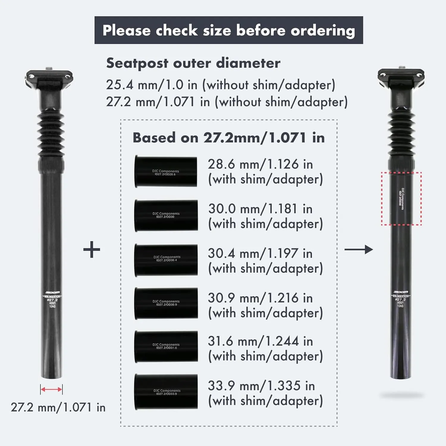 DJC Bike Suspension Seatpost Shock Absorber Damper Rubber Seat Post 25.4 27.2 28.6 30.4 30.9 31.6 mm Lightweight Aluminum