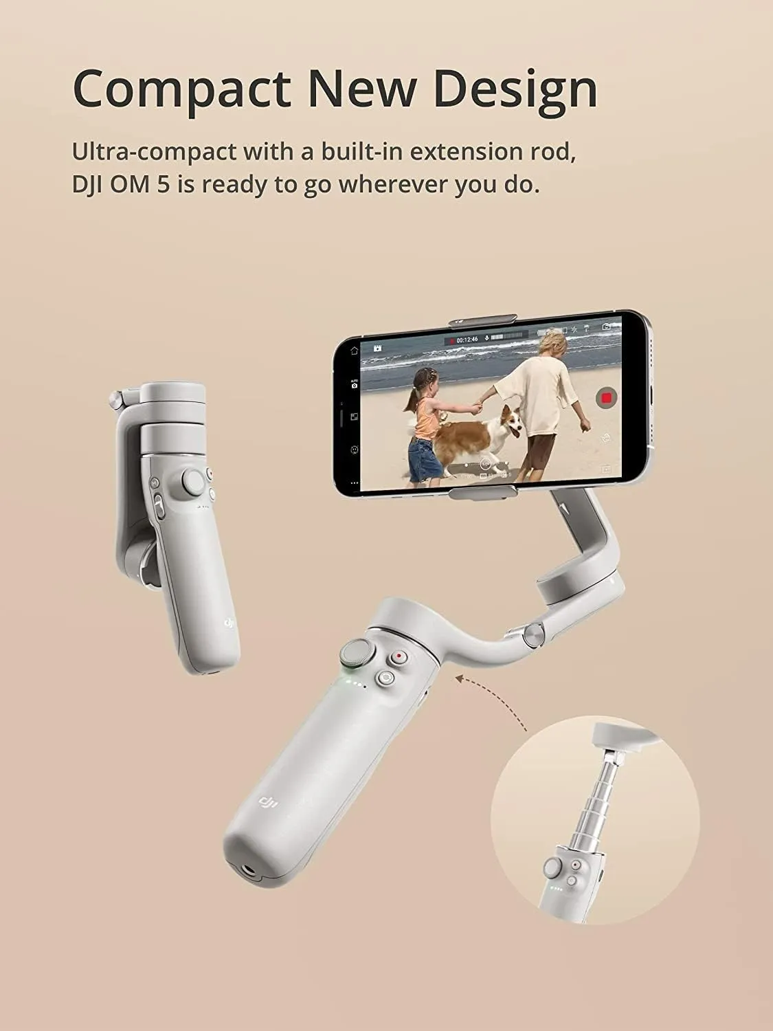 DJI OM 5 Smartphone Gimbal Stabilizer, 3-Axis Phone Gimbal, Built-In Extension Rod, Portable and Foldable, Android and iPhone Gimbal with ShotGuides, Vlogging Stabilizer, YouTube Video, Sunset White