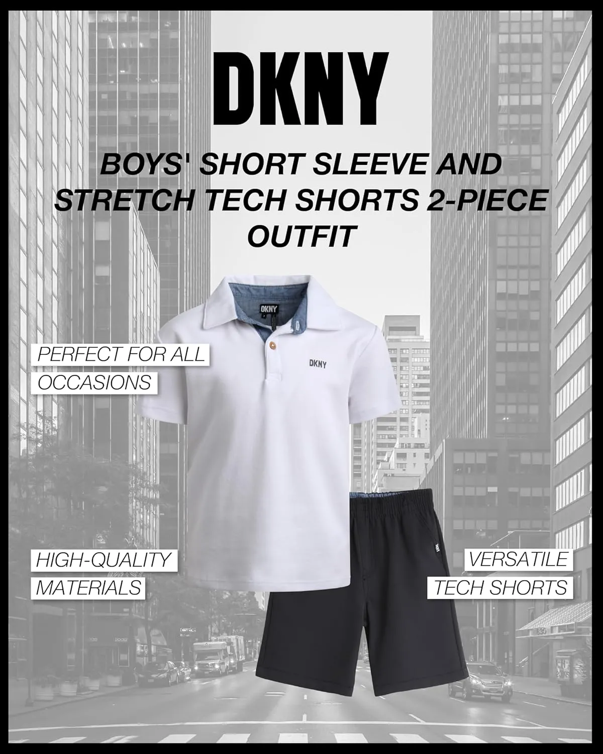 DKNY Boys' Short Set - 2 Piece Short Sleeve Collared Polo Shirt and Lightweight Stretch Tech Shorts (Sizes: 2T-7)