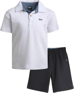 DKNY Boys' Short Set - 2 Piece Short Sleeve Collared Polo Shirt and Lightweight Stretch Tech Shorts (Sizes: 2T-7)