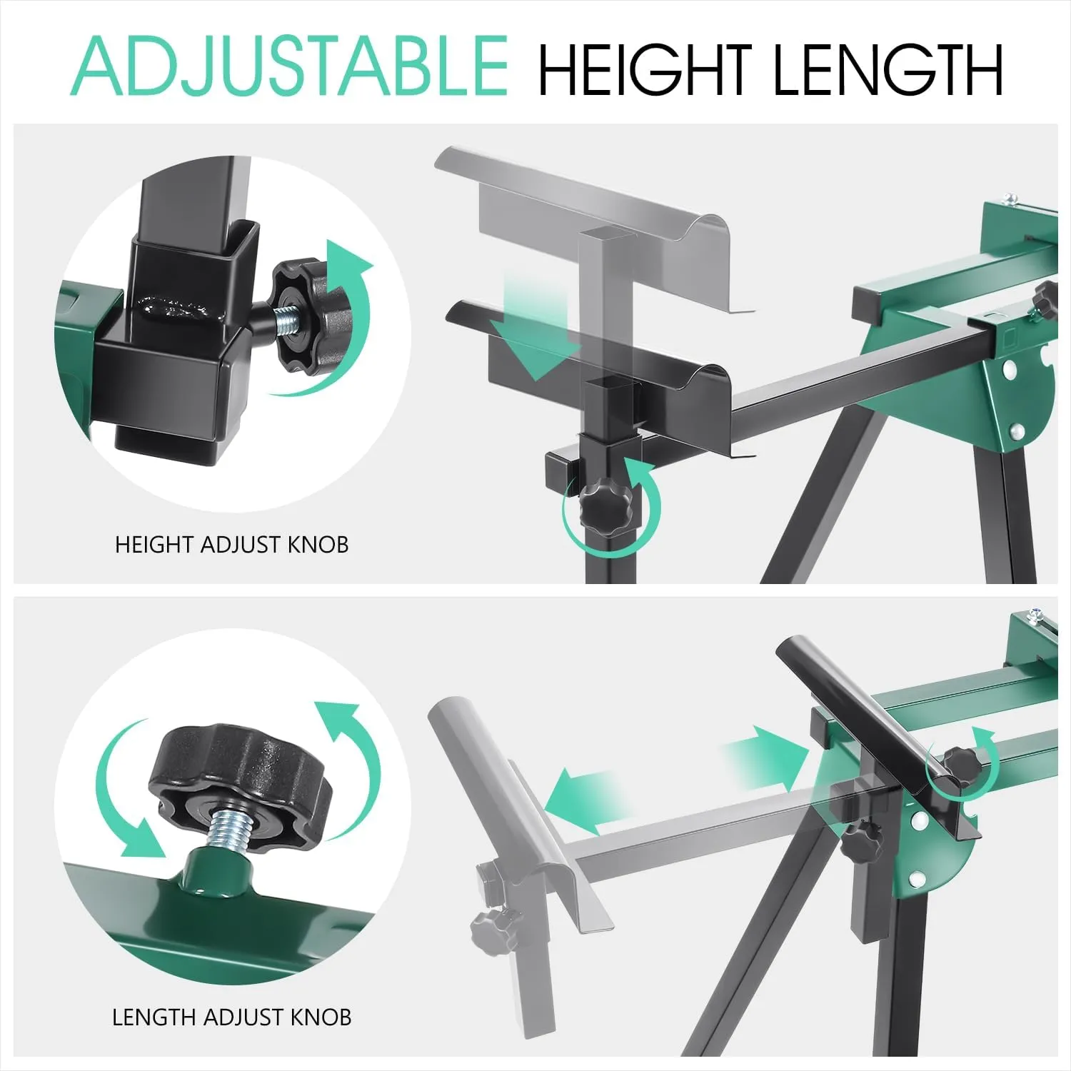 DNA MOTORING Miter Saw Stand Quick Attach Tool Compact & Folding, 220LB Capacity, Max. Sliding Rail 92.5", Quick Release Mounting Brackets, Green, TOOLS-00463