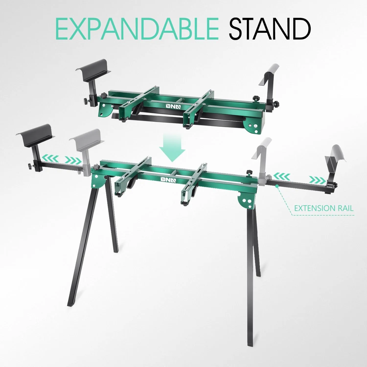 DNA MOTORING Miter Saw Stand Quick Attach Tool Compact & Folding, 220LB Capacity, Max. Sliding Rail 92.5", Quick Release Mounting Brackets, Green, TOOLS-00463