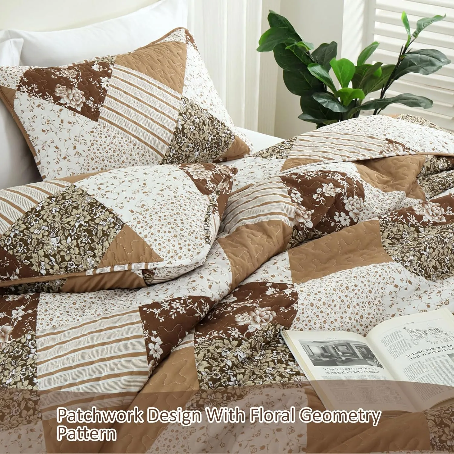 Dobuyly Brown Quilt Queen Size, Floral Plaid Patchwork Bedspread Bedding Set, Soft Lightweight Microfiber Coverlet Set for All Season (1 Quilt, 2 Pillow Shams)