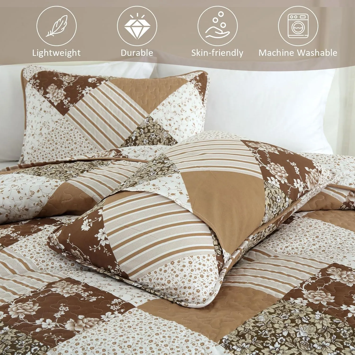 Dobuyly Brown Quilt Queen Size, Floral Plaid Patchwork Bedspread Bedding Set, Soft Lightweight Microfiber Coverlet Set for All Season (1 Quilt, 2 Pillow Shams)