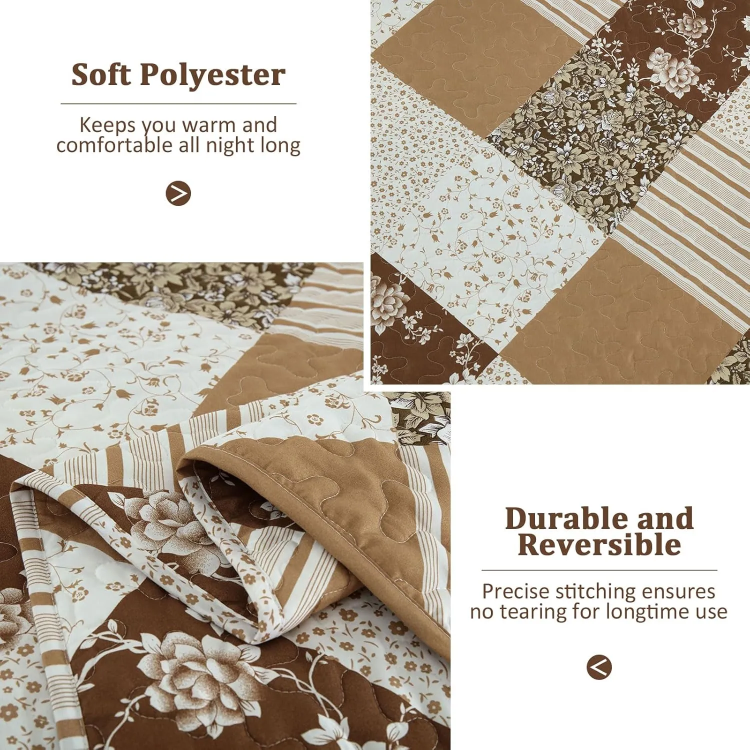 Dobuyly Brown Quilt Queen Size, Floral Plaid Patchwork Bedspread Bedding Set, Soft Lightweight Microfiber Coverlet Set for All Season (1 Quilt, 2 Pillow Shams)