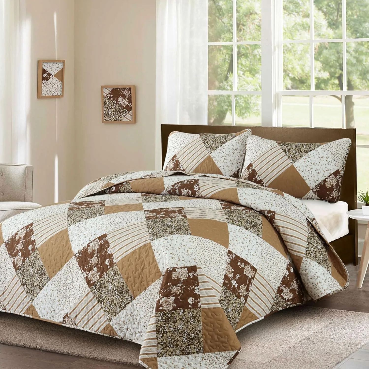 Dobuyly Brown Quilt Queen Size, Floral Plaid Patchwork Bedspread Bedding Set, Soft Lightweight Microfiber Coverlet Set for All Season (1 Quilt, 2 Pillow Shams)