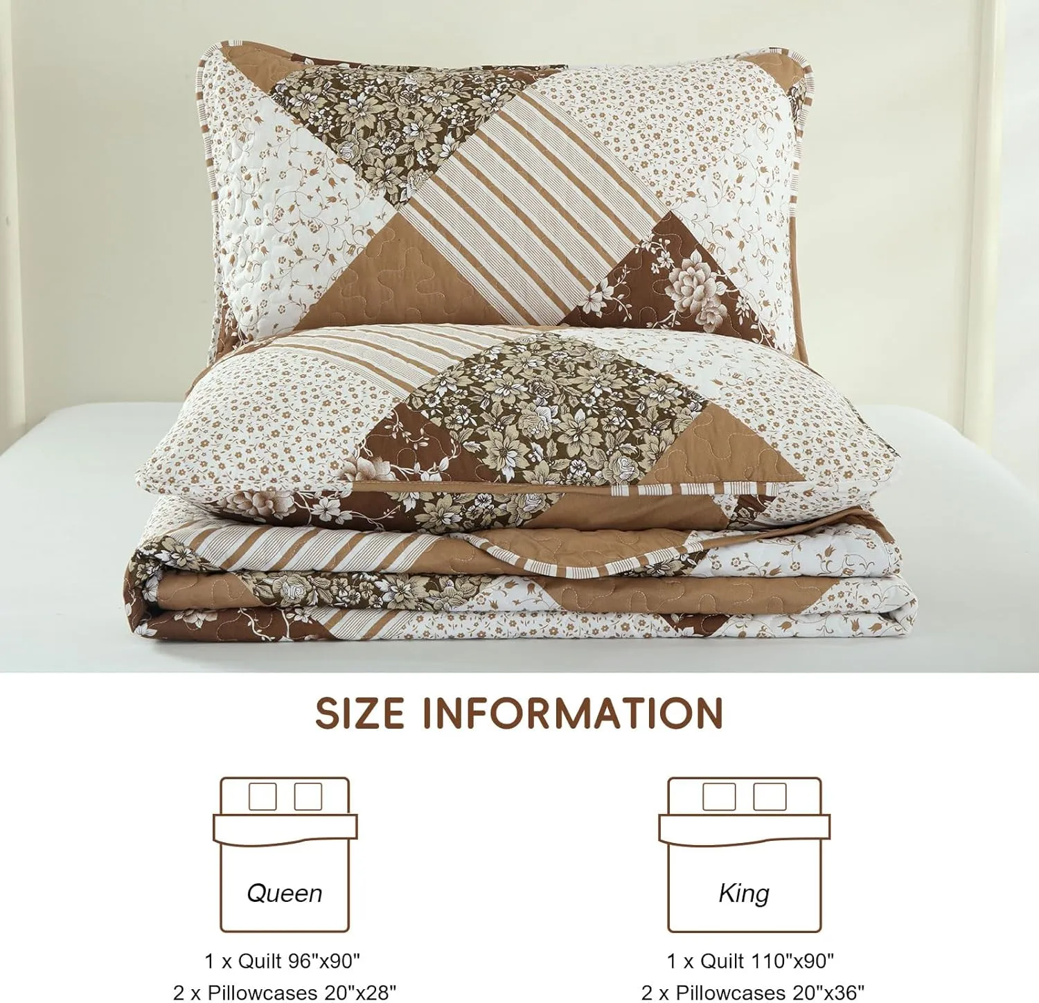 Dobuyly Brown Quilt Queen Size, Floral Plaid Patchwork Bedspread Bedding Set, Soft Lightweight Microfiber Coverlet Set for All Season (1 Quilt, 2 Pillow Shams)
