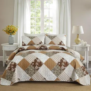 Dobuyly Brown Quilt Queen Size, Floral Plaid Patchwork Bedspread Bedding Set, Soft Lightweight Microfiber Coverlet Set for All Season (1 Quilt, 2 Pillow Shams)