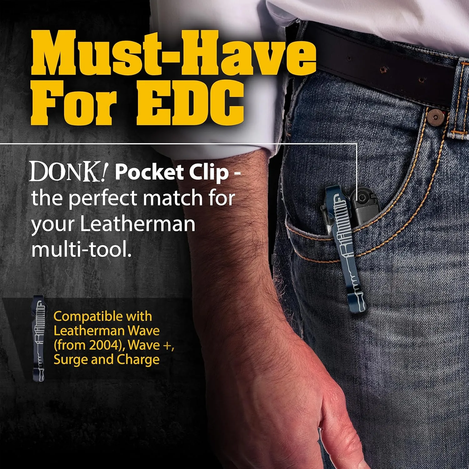 Donk! Pocket Clip for Leatherman Wave, Wave Plus , Surge & Charge AL, ALX, Ti, XTi - Titanium TC4 - Custom Designs - Quick Release - Extra Carry Options ‘Sparka’