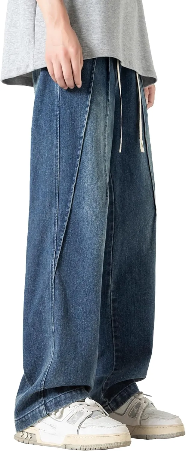 DOSLAVIDA Men's Straight Leg Jeans Relaxed Fit Baggy Jean Hip Hop Loose Fit Carpenter Denim Pants with Drawstring