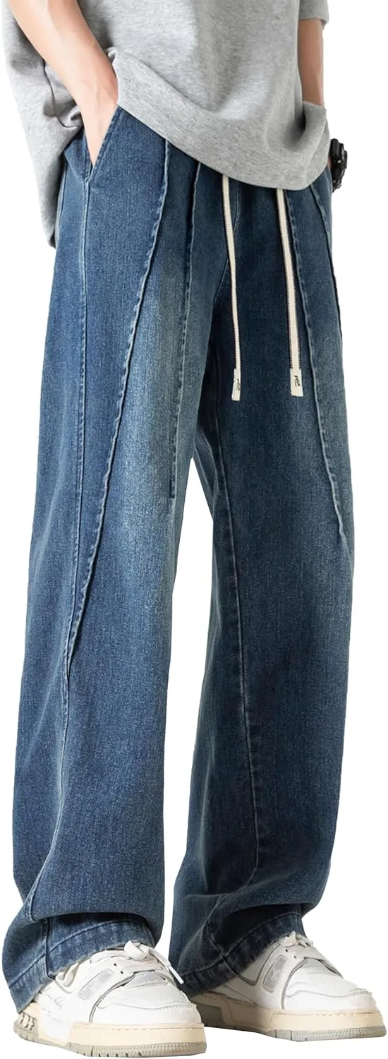 DOSLAVIDA Men's Straight Leg Jeans Relaxed Fit Baggy Jean Hip Hop Loose Fit Carpenter Denim Pants with Drawstring