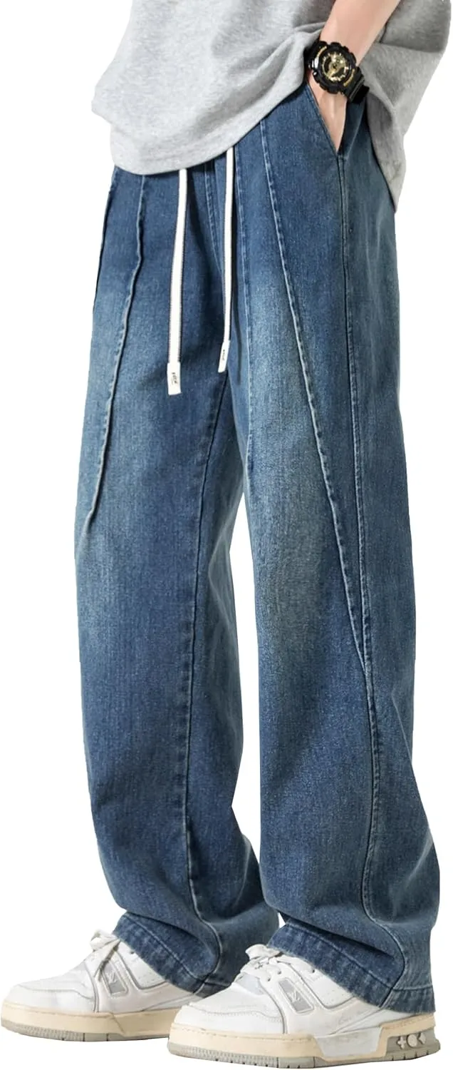 DOSLAVIDA Men's Straight Leg Jeans Relaxed Fit Baggy Jean Hip Hop Loose Fit Carpenter Denim Pants with Drawstring