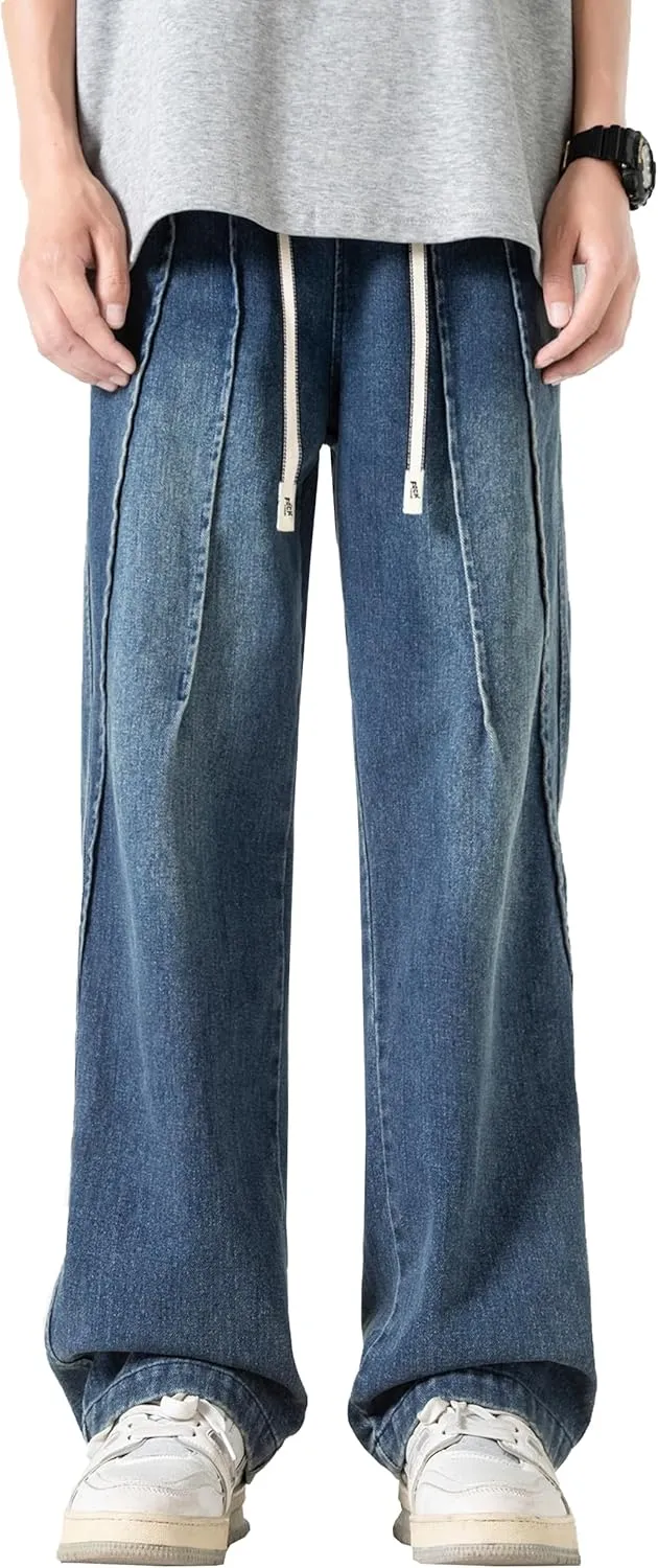 DOSLAVIDA Men's Straight Leg Jeans Relaxed Fit Baggy Jean Hip Hop Loose Fit Carpenter Denim Pants with Drawstring