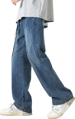 DOSLAVIDA Men's Straight Leg Jeans Relaxed Fit Baggy Jean Hip Hop Loose Fit Carpenter Denim Pants with Drawstring