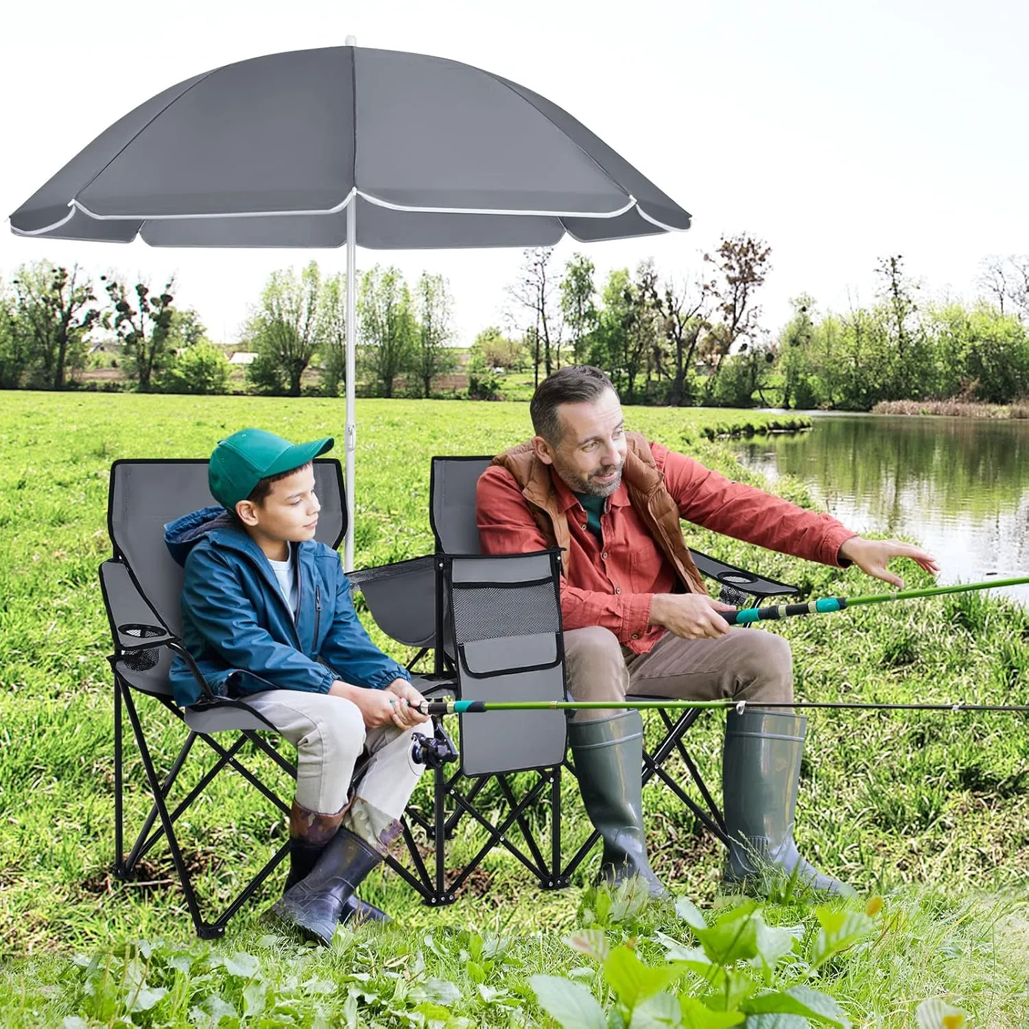 Double Camping Chair with Canopy, Folding Camp Chairs w/Cup Holder, Cooler & Carry Bag, Table, Side Pocket, 2 Person Portable Beach Chair with Umbrella, for Picnic Fishing (Grey)