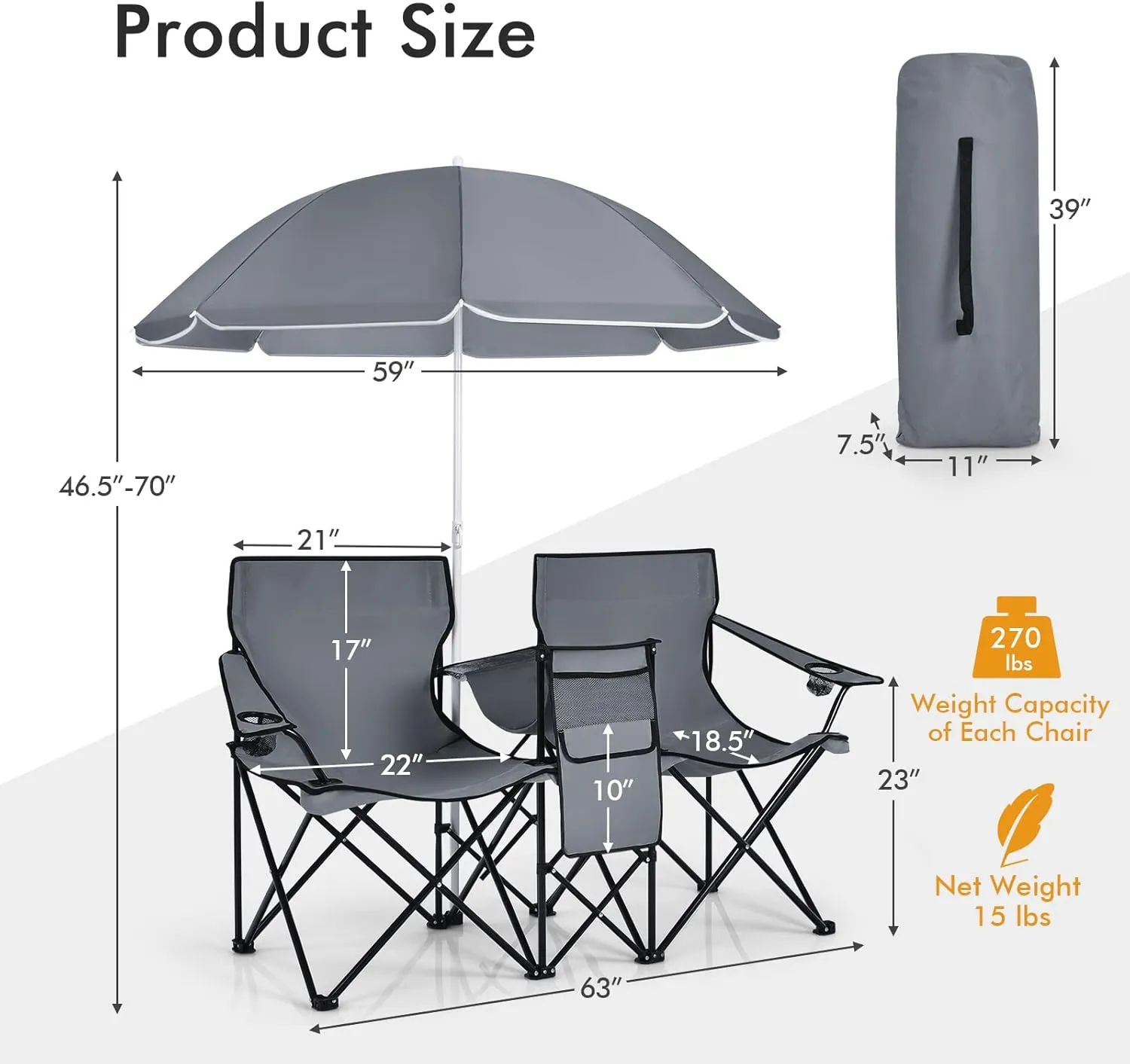 Double Camping Chair with Canopy, Folding Camp Chairs w/Cup Holder, Cooler & Carry Bag, Table, Side Pocket, 2 Person Portable Beach Chair with Umbrella, for Picnic Fishing (Grey)