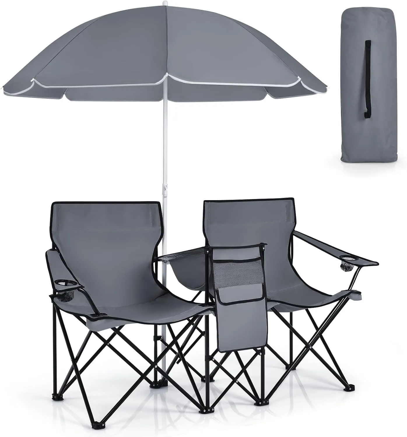 Double Camping Chair with Canopy, Folding Camp Chairs w/Cup Holder, Cooler & Carry Bag, Table, Side Pocket, 2 Person Portable Beach Chair with Umbrella, for Picnic Fishing (Grey)