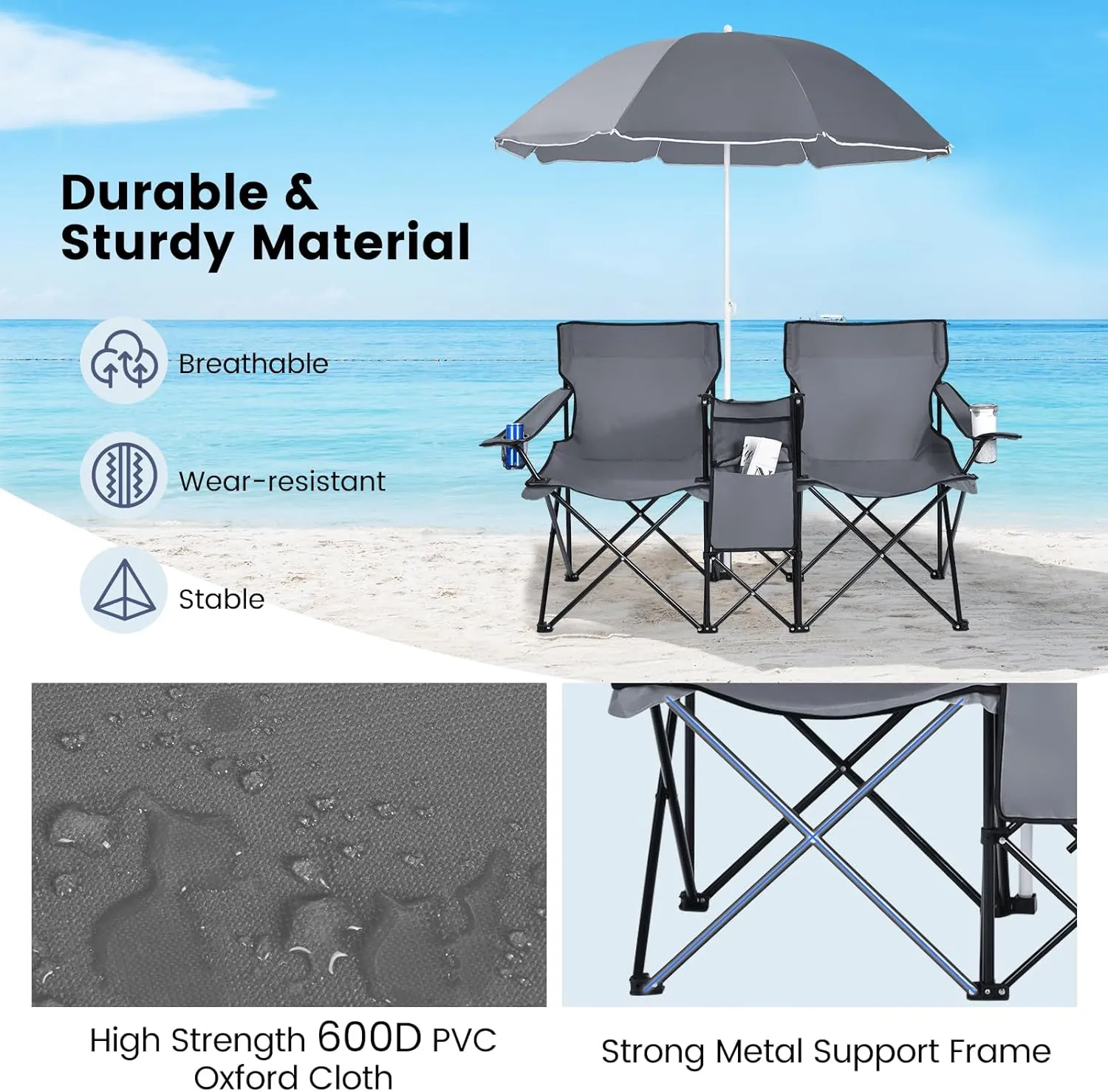 Double Camping Chair with Canopy, Folding Camp Chairs w/Cup Holder, Cooler & Carry Bag, Table, Side Pocket, 2 Person Portable Beach Chair with Umbrella, for Picnic Fishing (Grey)