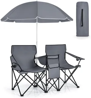 Double Camping Chair with Canopy, Folding Camp Chairs w/Cup Holder, Cooler & Carry Bag, Table, Side Pocket, 2 Person Portable Beach Chair with Umbrella, for Picnic Fishing (Grey)