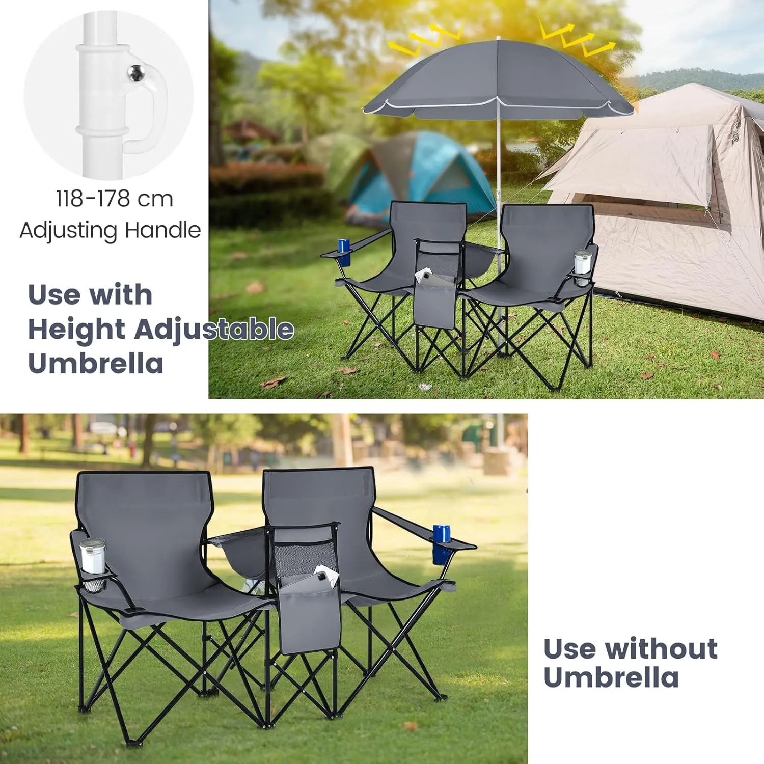 Double Camping Chair with Canopy, Folding Camp Chairs w/Cup Holder, Cooler & Carry Bag, Table, Side Pocket, 2 Person Portable Beach Chair with Umbrella, for Picnic Fishing (Grey)