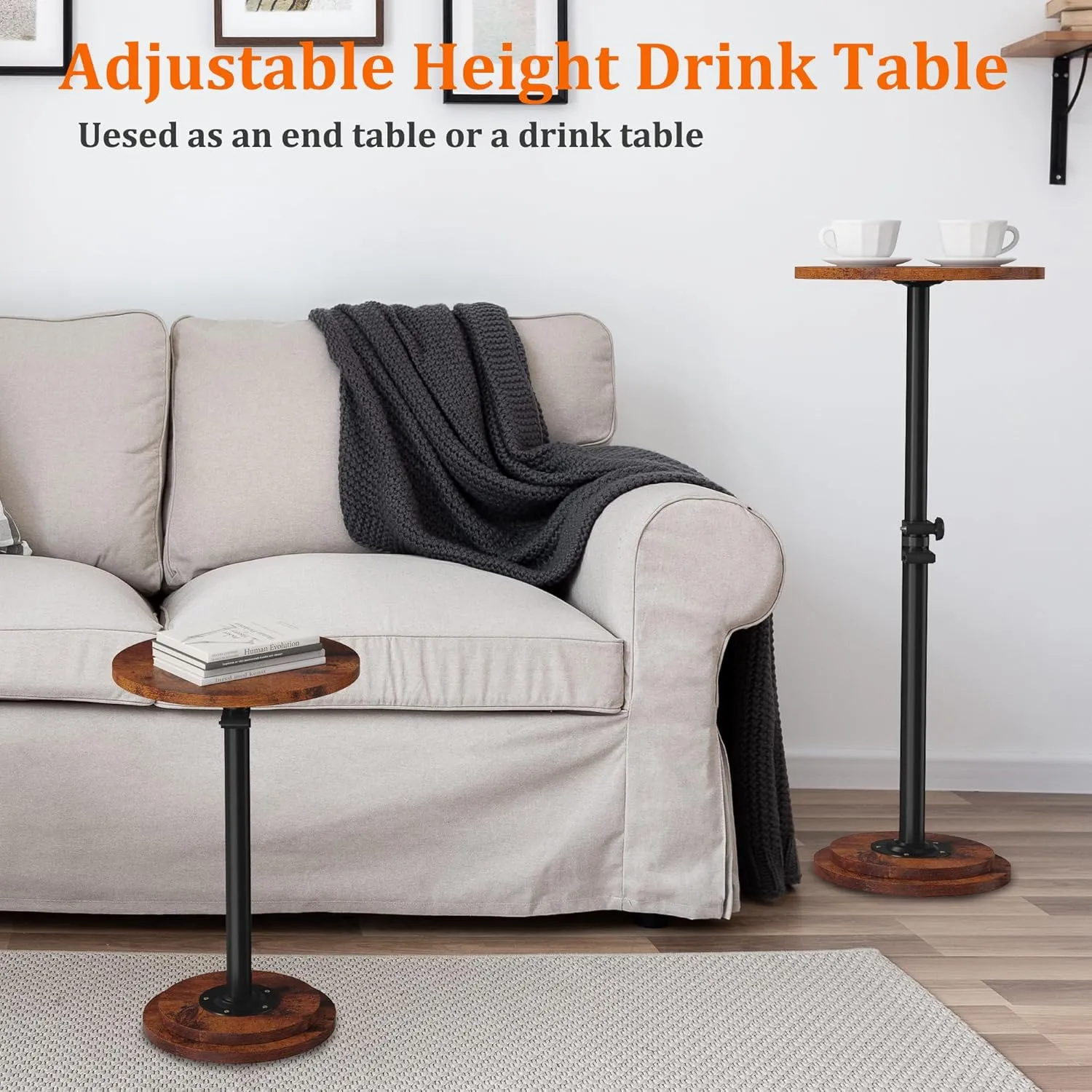 Drink Table, Small Round Side Table - 360° Swivel Height Adjustable for Small Spaces, Pedestal Martini Table for Sofa Couch, Living Room, Bedroom, Vintage