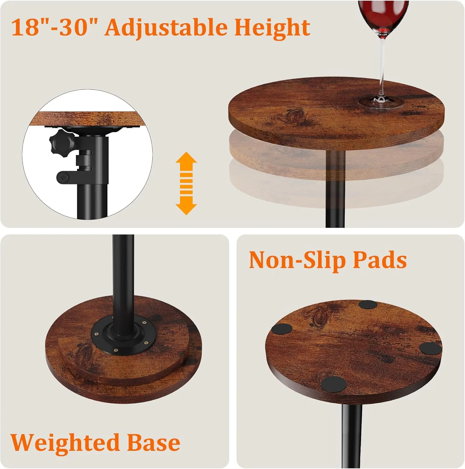 Drink Table, Small Round Side Table - 360° Swivel Height Adjustable for Small Spaces, Pedestal Martini Table for Sofa Couch, Living Room, Bedroom, Vintage