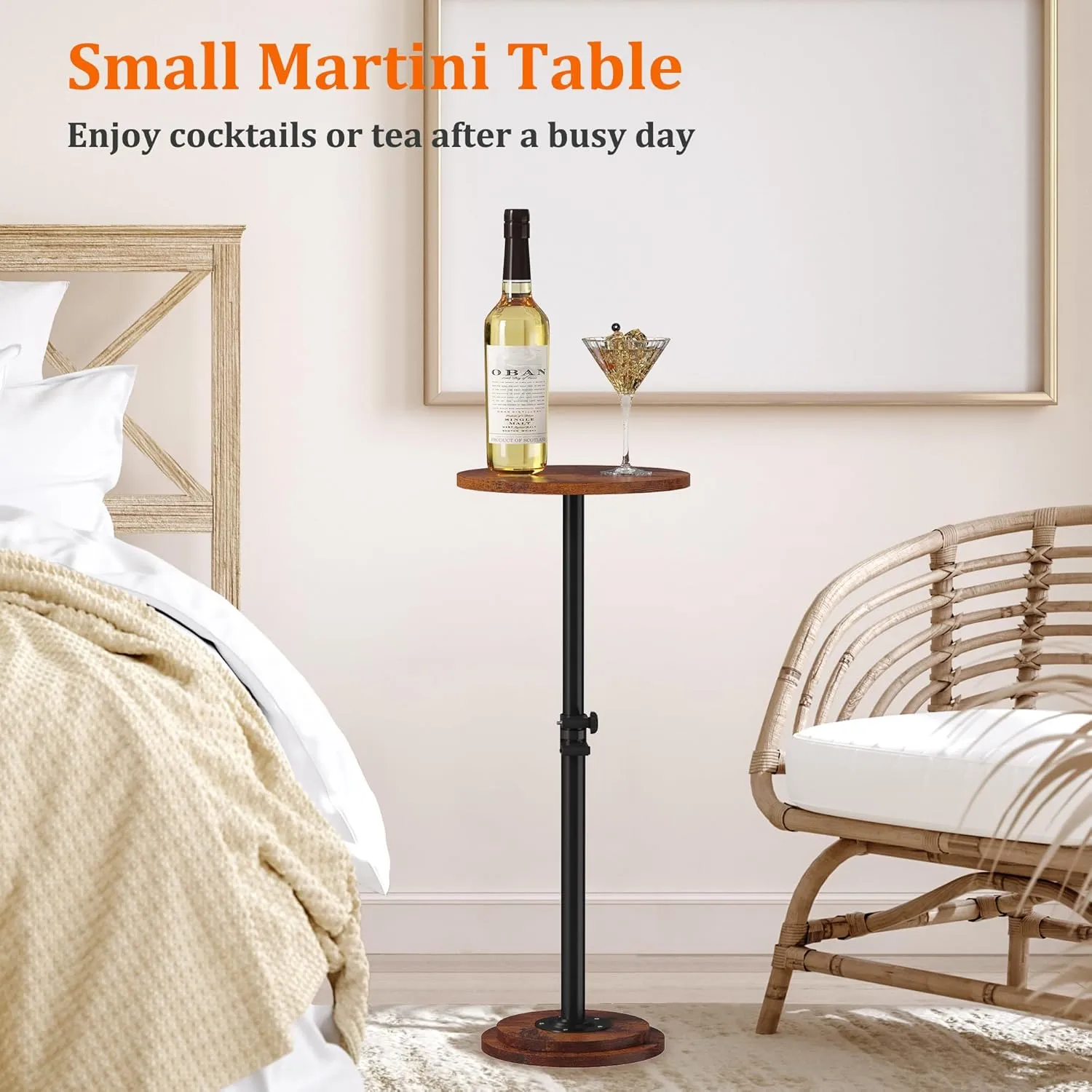 Drink Table, Small Round Side Table - 360° Swivel Height Adjustable for Small Spaces, Pedestal Martini Table for Sofa Couch, Living Room, Bedroom, Vintage