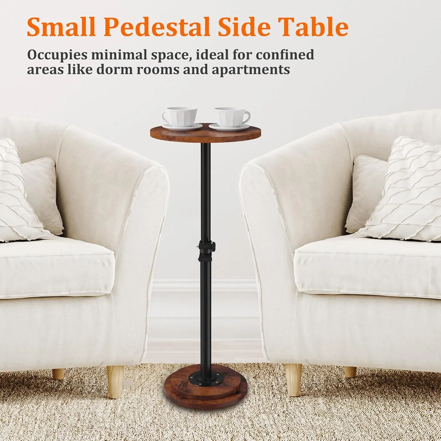 Drink Table, Small Round Side Table - 360° Swivel Height Adjustable for Small Spaces, Pedestal Martini Table for Sofa Couch, Living Room, Bedroom, Vintage