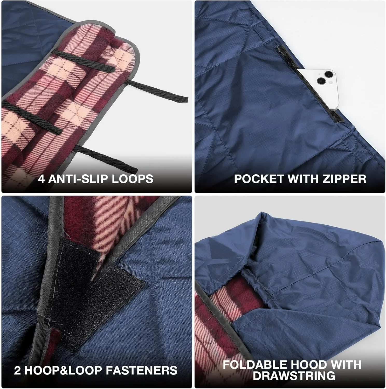 DUKUSEEK Hooded Outdoor Blanket, Extra Large 79" x 59" Waterproof Camping Blanket, Quilted, Thick Fleece, Warm, Windproof, Sand Proof, Portable and Wear-Resistant, Perfect for Stadium, Picnic…