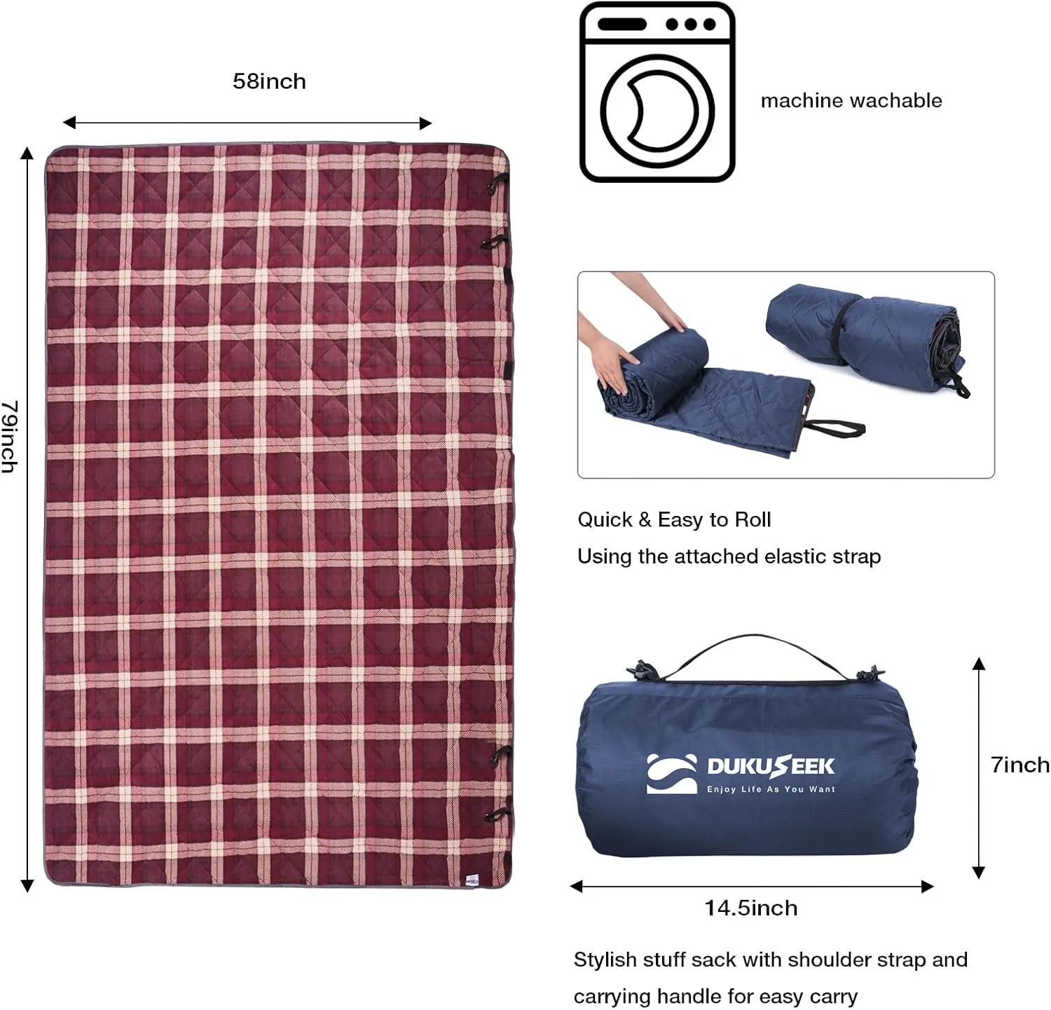 DUKUSEEK Hooded Outdoor Blanket, Extra Large 79" x 59" Waterproof Camping Blanket, Quilted, Thick Fleece, Warm, Windproof, Sand Proof, Portable and Wear-Resistant, Perfect for Stadium, Picnic…