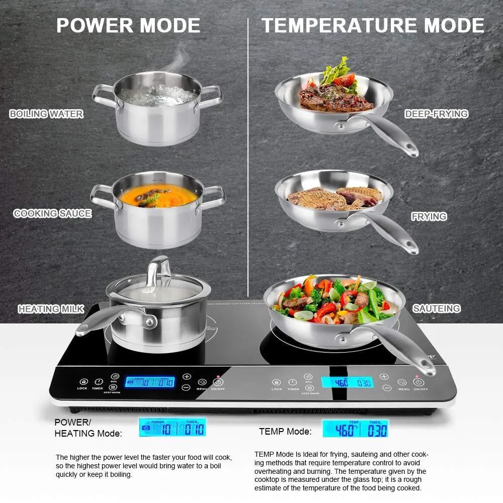 Duxtop 9620LS LCD Portable Double Induction Cooktop 1800W Digital Electric Countertop Burner Sensor Touch Stove
