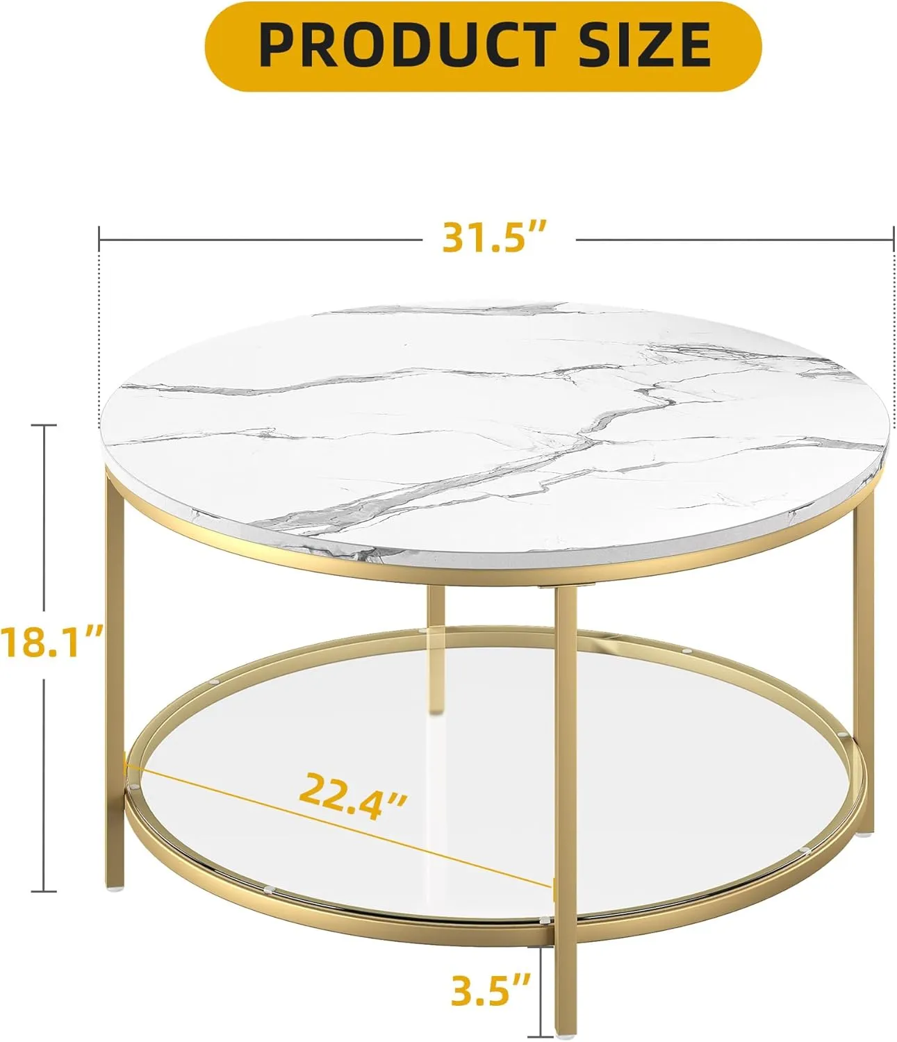 DWVO Round Coffee Table for Living Room, Marble Coffee Table, Black Circle Coffee Table with Glass Storage Shelf, Modern Center Cocktail Table, Glod and White