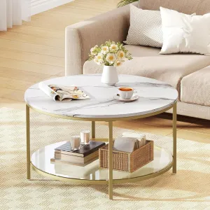 DWVO Round Coffee Table for Living Room, Marble Coffee Table, Black Circle Coffee Table with Glass Storage Shelf, Modern Center Cocktail Table, Glod and White