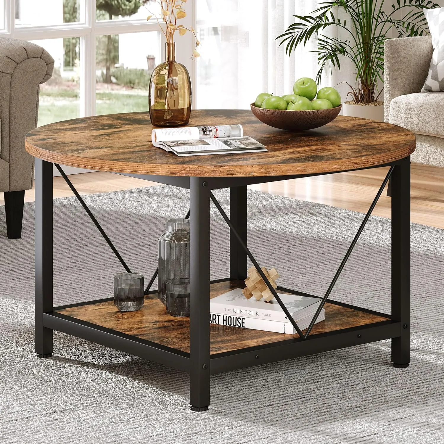 DWVO Round Coffee Tables for Living Room, 2 Tier Small Coffee Table, Circle Table with Open Storage Shelf, Rustic Wood Coffee Table with Metal Frame, Easy Assembly, Brown