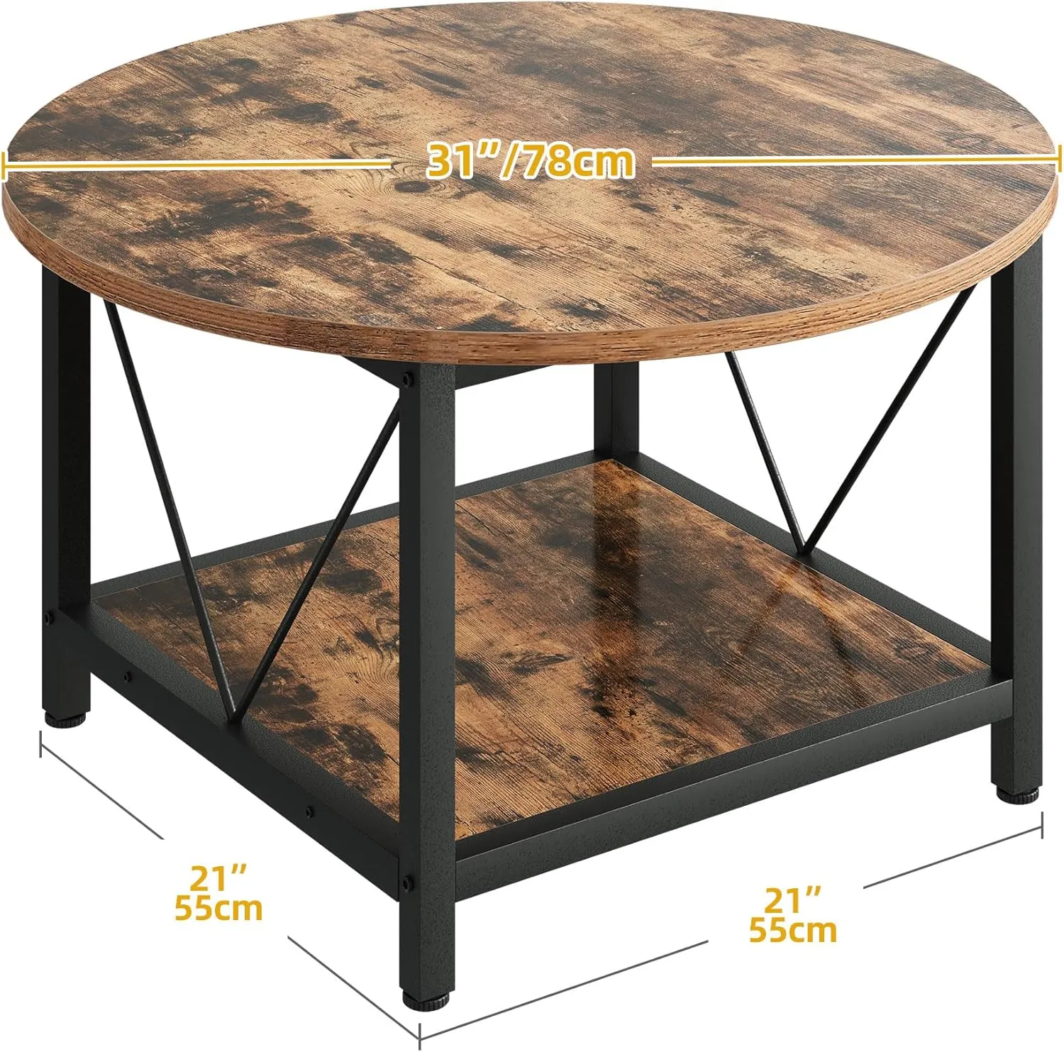 DWVO Round Coffee Tables for Living Room, 2 Tier Small Coffee Table, Circle Table with Open Storage Shelf, Rustic Wood Coffee Table with Metal Frame, Easy Assembly, Brown