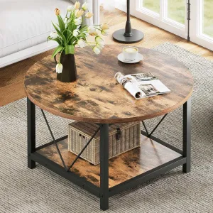 DWVO Round Coffee Tables for Living Room, 2 Tier Small Coffee Table, Circle Table with Open Storage Shelf, Rustic Wood Coffee Table with Metal Frame, Easy Assembly, Brown