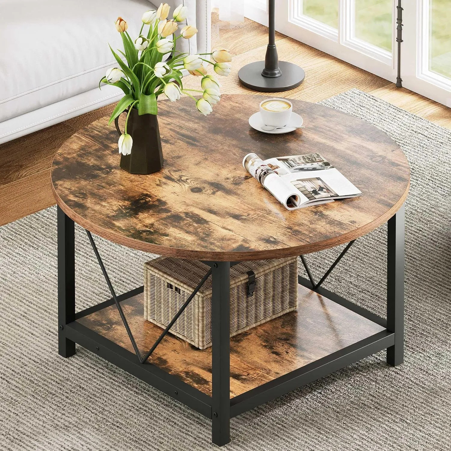 DWVO Round Coffee Tables for Living Room, 2 Tier Small Coffee Table, Circle Table with Open Storage Shelf, Rustic Wood Coffee Table with Metal Frame, Easy Assembly, Brown