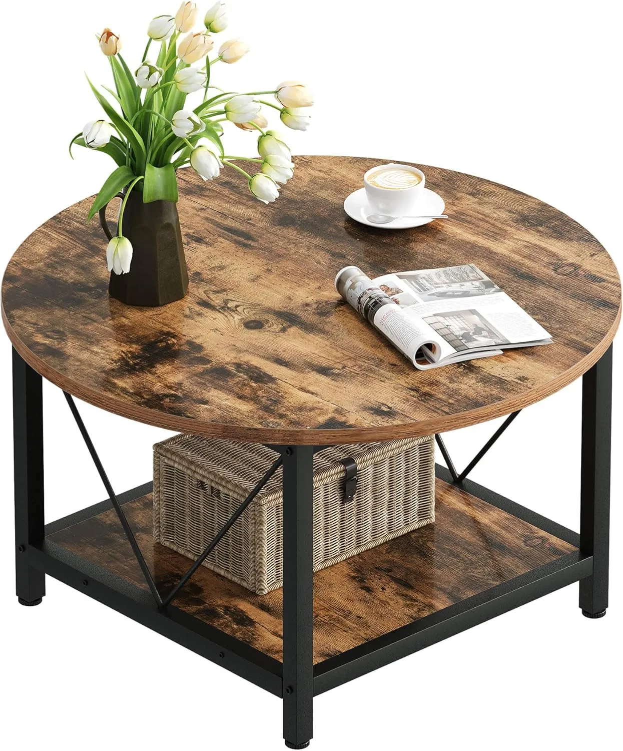 DWVO Round Coffee Tables for Living Room, 2 Tier Small Coffee Table, Circle Table with Open Storage Shelf, Rustic Wood Coffee Table with Metal Frame, Easy Assembly, Brown
