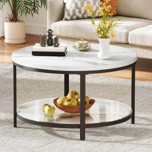 DWVO Round Coffee Tables for Living Room, 2 Tiers Marble Coffee Table Black Circle Coffee Table with Glass Storage Shelf, Modern Center Cocktail Table, Marble and Black