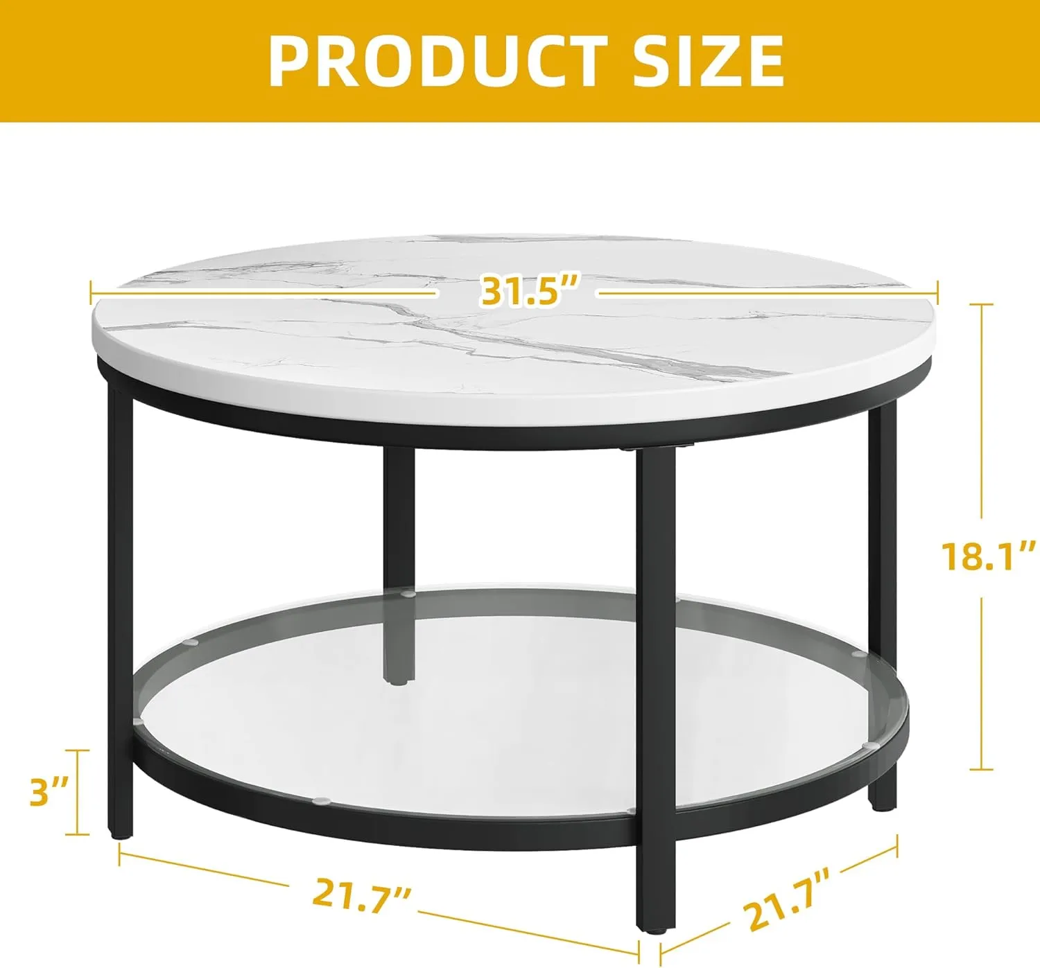 DWVO Round Coffee Tables for Living Room, 2 Tiers Marble Coffee Table Black Circle Coffee Table with Glass Storage Shelf, Modern Center Cocktail Table, Marble and Black