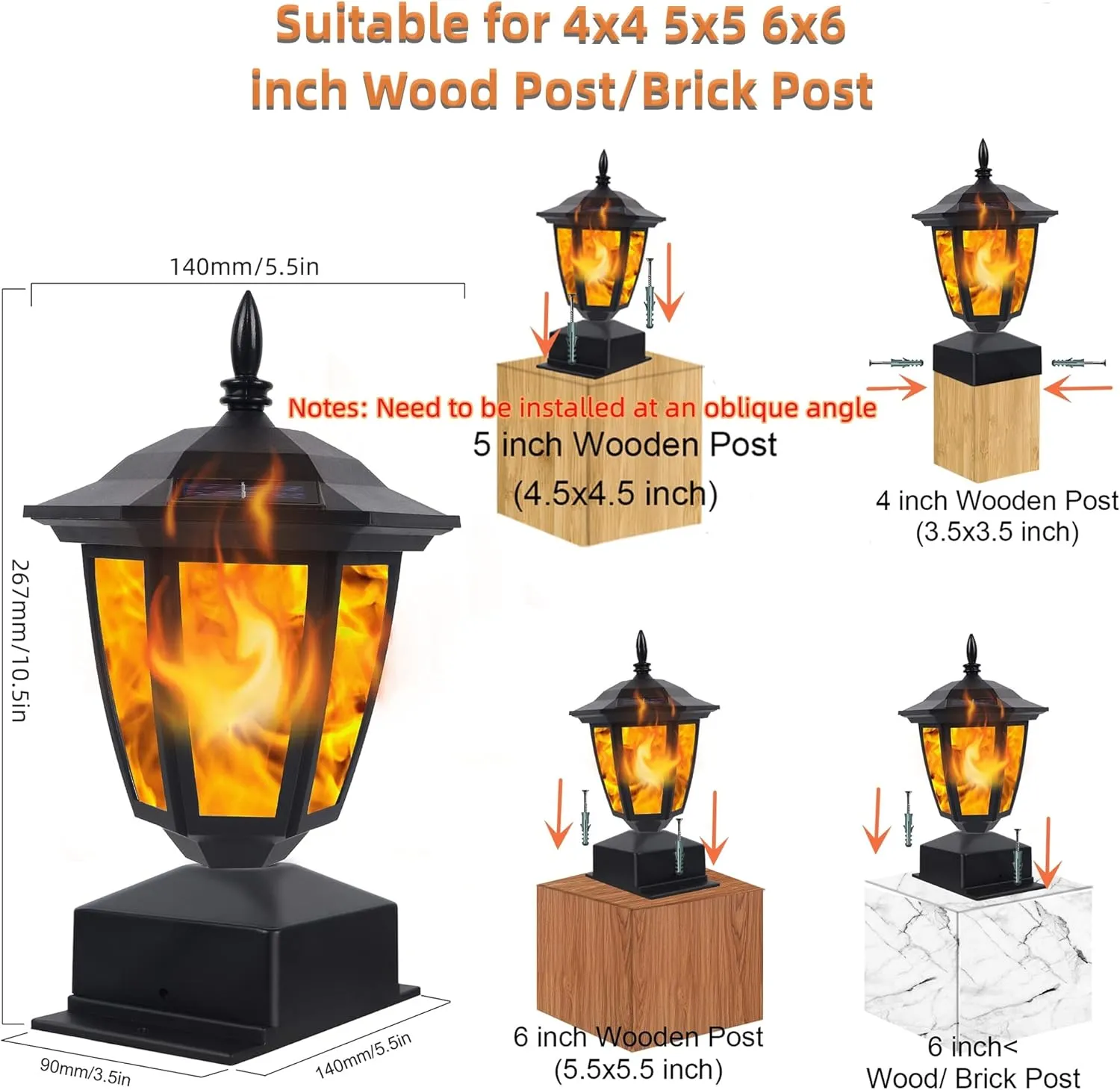 Dynaming Solar Flame Post Lights Outdoor, Solar Powered Lamps Fence Post Cap Lights, Flickering Flame LED Lantern Decorative Waterproof for Garden Deck Patio, Fit 4x4, 5x5 or 6x6 Wooden Posts, 2 Pack