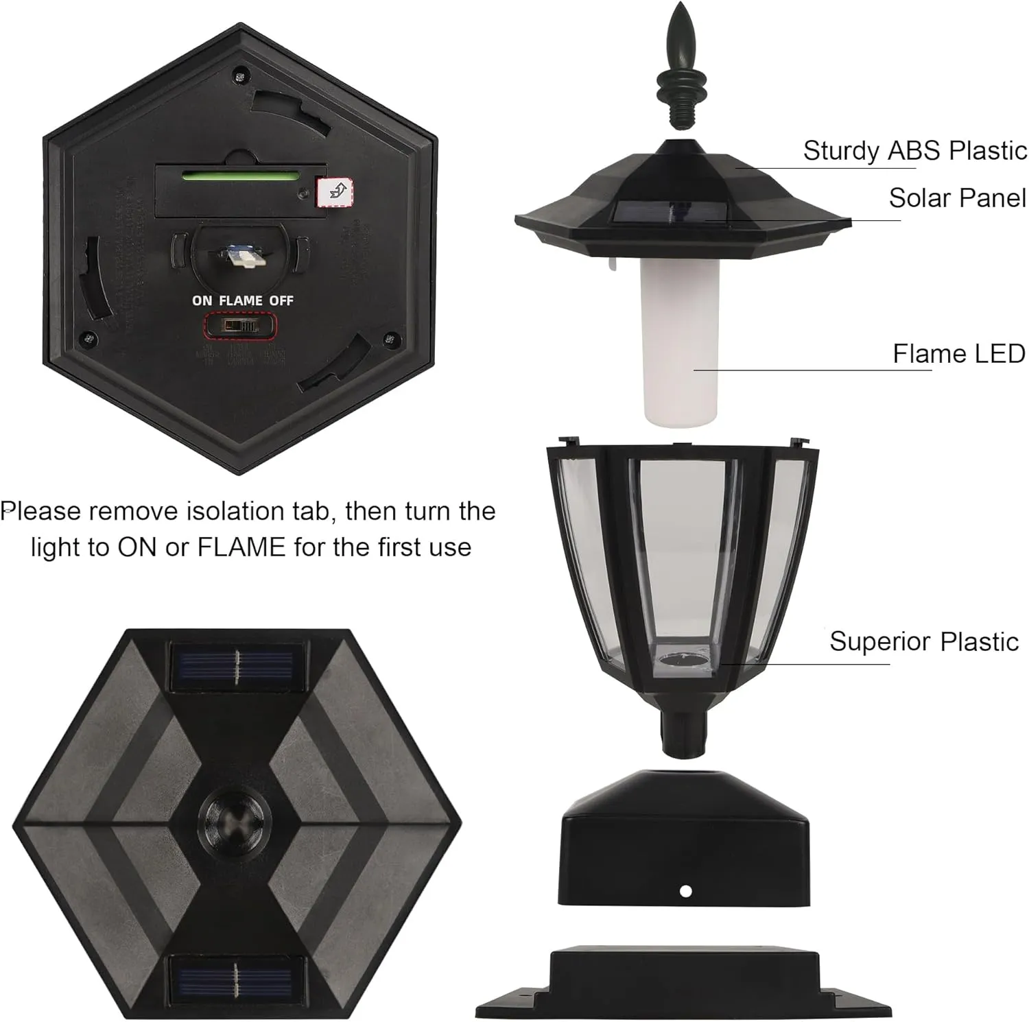 Dynaming Solar Flame Post Lights Outdoor, Solar Powered Lamps Fence Post Cap Lights, Flickering Flame LED Lantern Decorative Waterproof for Garden Deck Patio, Fit 4x4, 5x5 or 6x6 Wooden Posts, 2 Pack