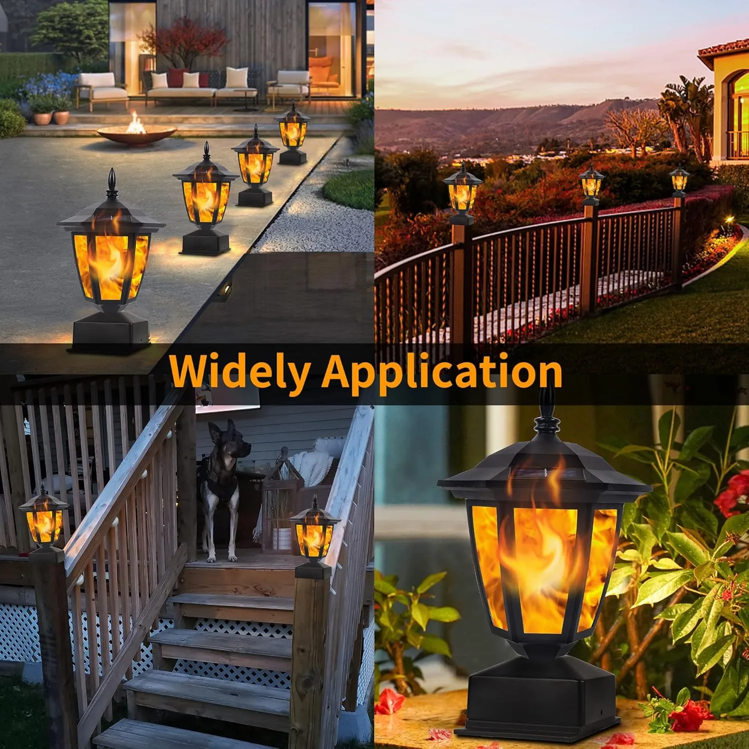 Dynaming Solar Flame Post Lights Outdoor, Solar Powered Lamps Fence Post Cap Lights, Flickering Flame LED Lantern Decorative Waterproof for Garden Deck Patio, Fit 4x4, 5x5 or 6x6 Wooden Posts, 2 Pack