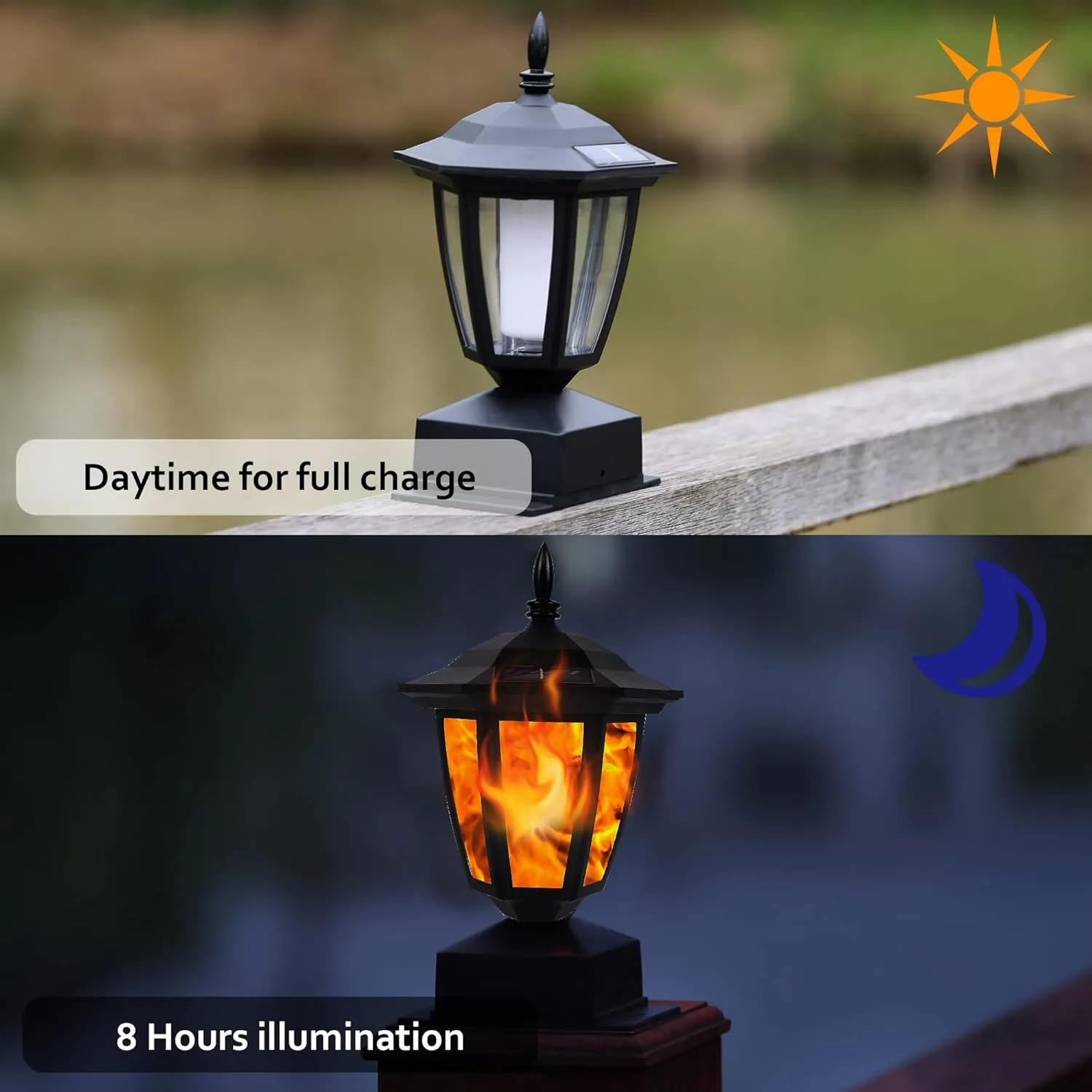 Dynaming Solar Flame Post Lights Outdoor, Solar Powered Lamps Fence Post Cap Lights, Flickering Flame LED Lantern Decorative Waterproof for Garden Deck Patio, Fit 4x4, 5x5 or 6x6 Wooden Posts, 2 Pack