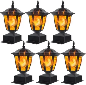 Dynaming Solar Flame Post Lights Outdoor, Solar Powered Lamps Fence Post Cap Lights, Flickering Flame LED Lantern Decorative Waterproof for Garden Deck Patio, Fit 4x4, 5x5 or 6x6 Wooden Posts, 6 Pack